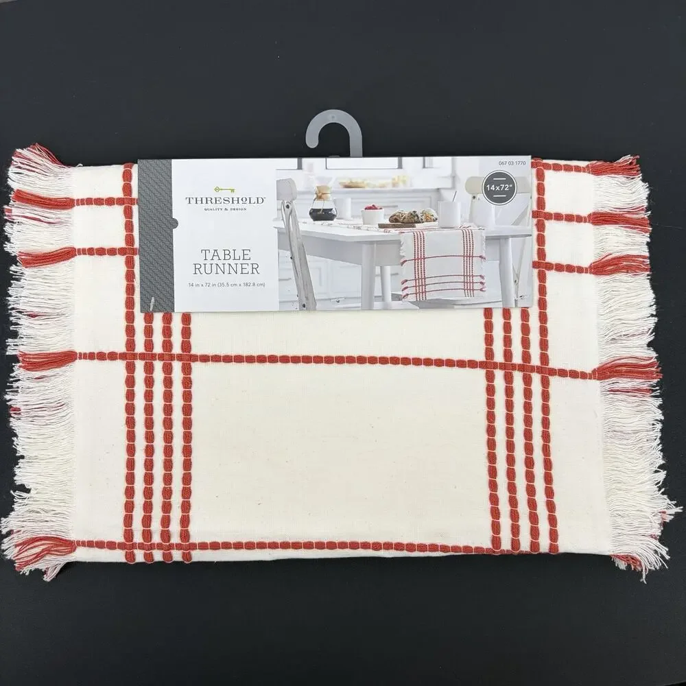 Threshold Table Runner NEW 14x72 Red Off White Ivory Cotton Fringe‎ Stripe
